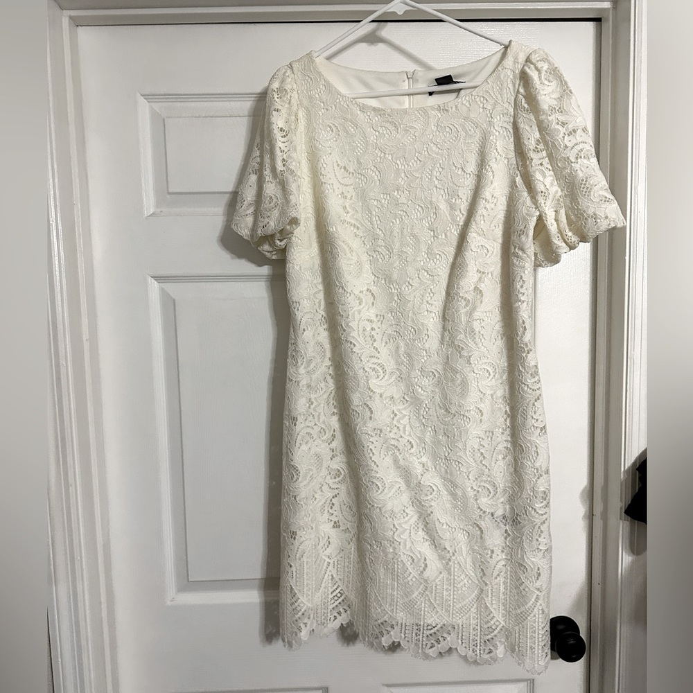 Cream Jessica Howard Lace Detail Dress with Short Bell Sleeve and Scalloping.